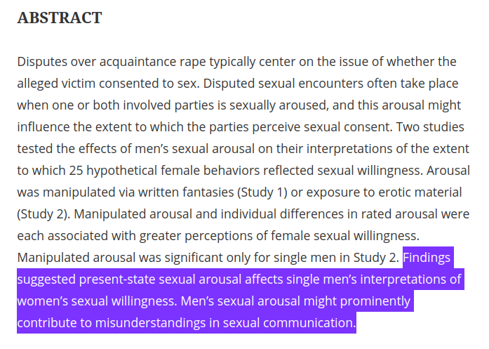  A excitação sexual conduz mais frequentemente os homens a mal-entendidos na comunicação sexual. https://www.tandfonline.com/doi/abs/10.1080/00224545.2019.1692330