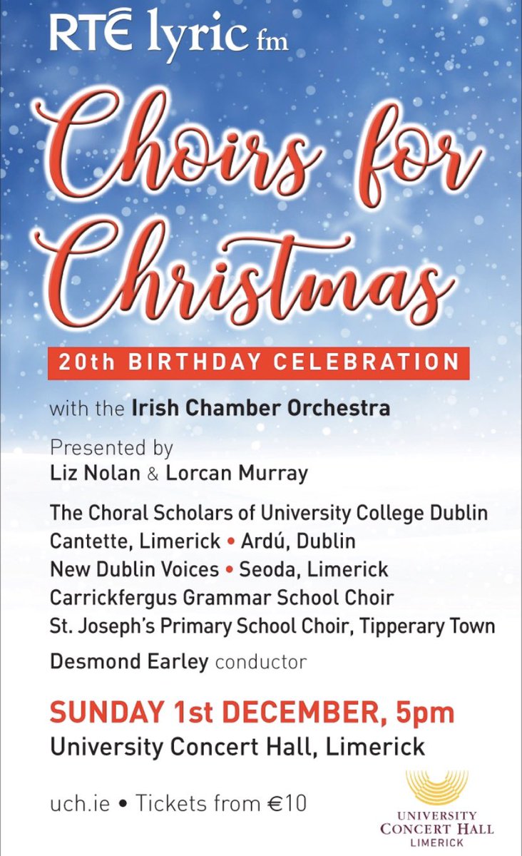 For 20 yrs <a href="/RTElyricfm/">RTÉ lyric fm</a> has broadcast 100s of amateur &amp; community choirs at Christmas,affording them unique access to the national airwaves- reflecting the wealth &amp; love of choral singing across Ireland-join us this Sunday 5pm <a href="/UCHLimerick/">University Concert Hall</a> kick start Christmas #singingisgood4u