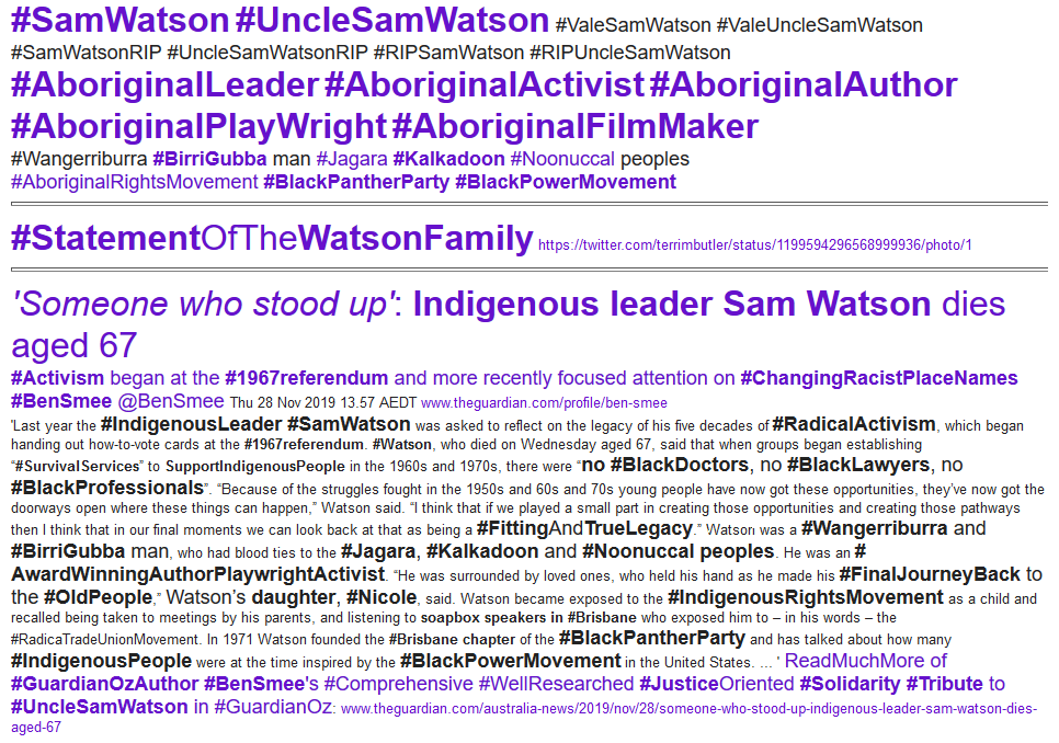 WgarNews's tweet photo. #SorryBusiness: #ValeUncleSamWatson | #AboriginalLeader #AboriginalActivist #AboriginalAuthor #AboriginalPlayWright #AboriginalFilmMaker | #UncleSamWatson #SamWatson Fndr #Brisbane #BlackPantherParty | #SamWatsonRIP #ValeSamWatson https://t.co/kEWQtJMA8W https://t.co/3dZz2AQRwh https://t.co/ozaNcdRJY5