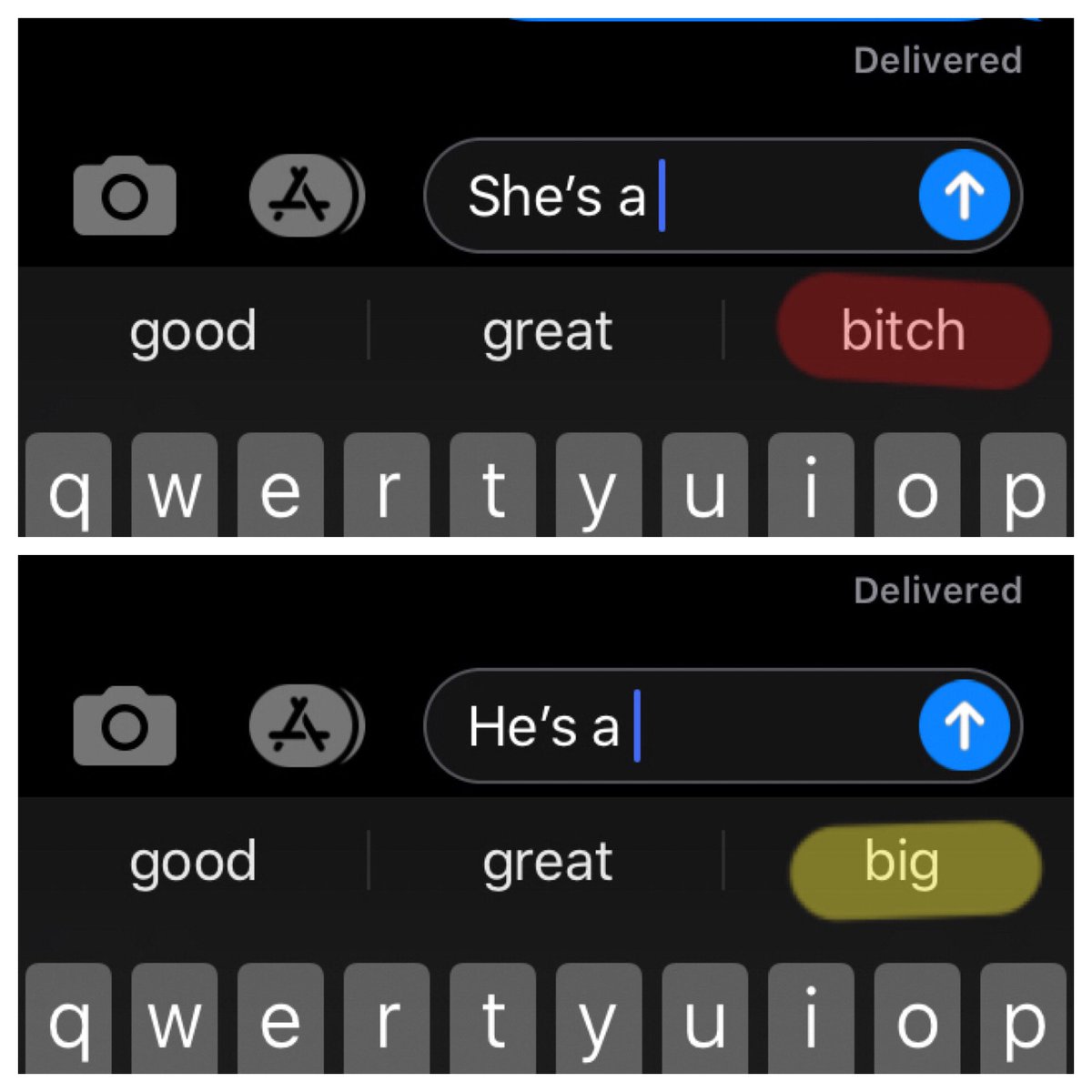 This is how #tech and #BigData institutionalizes and further perpetuates #Discrimination. <a href="/Apple/">Apple</a>’s predictive text feature suggests “bitch” for women and “big” for men. How does our #eval work take these issues into account?