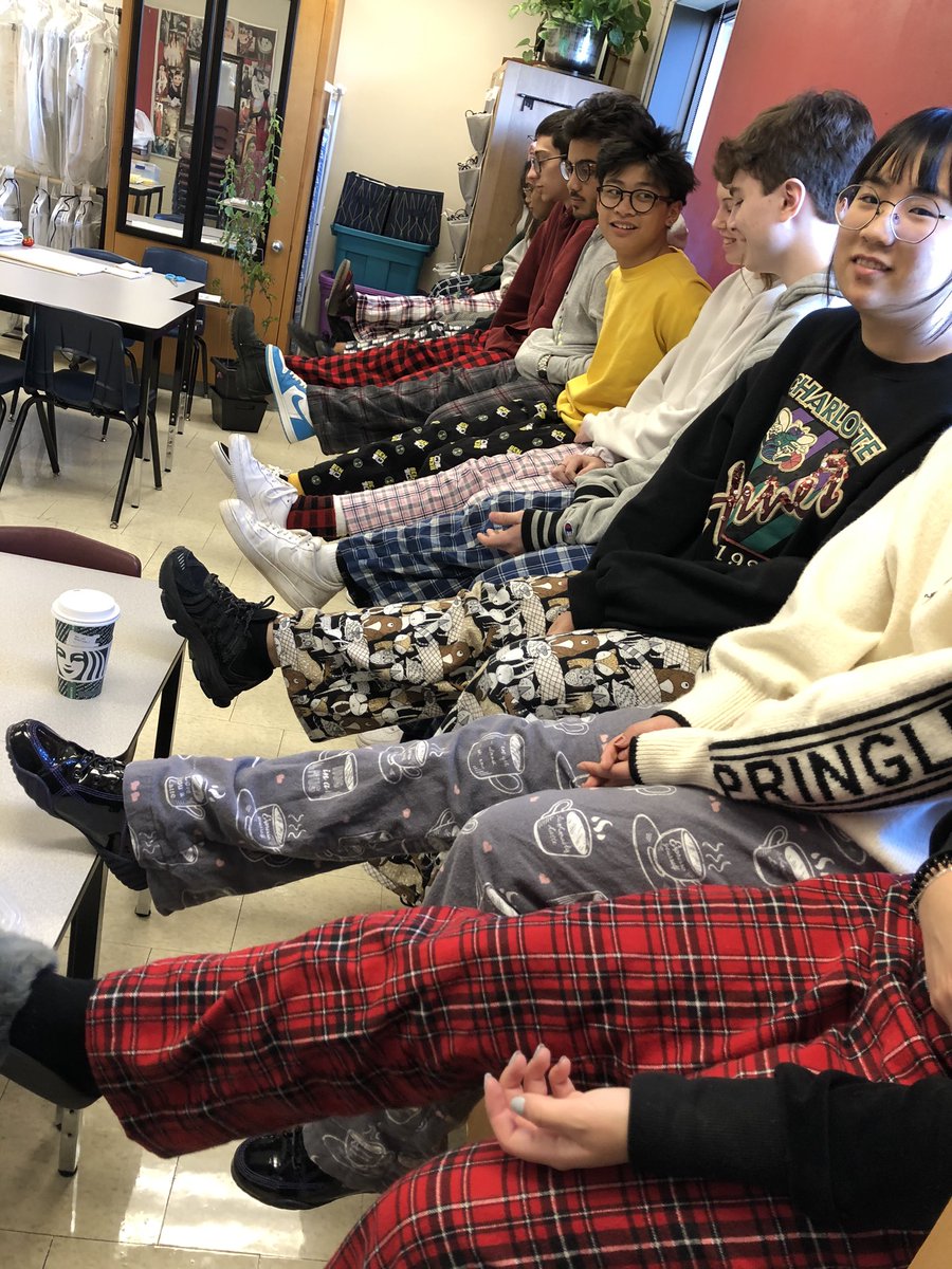 PWarecki's tweet photo. HNB Senior Fashion students sitting victoriously in their one of kind PJ bottoms. Congratulations 🥳 https://t.co/4HNyLwFKqS