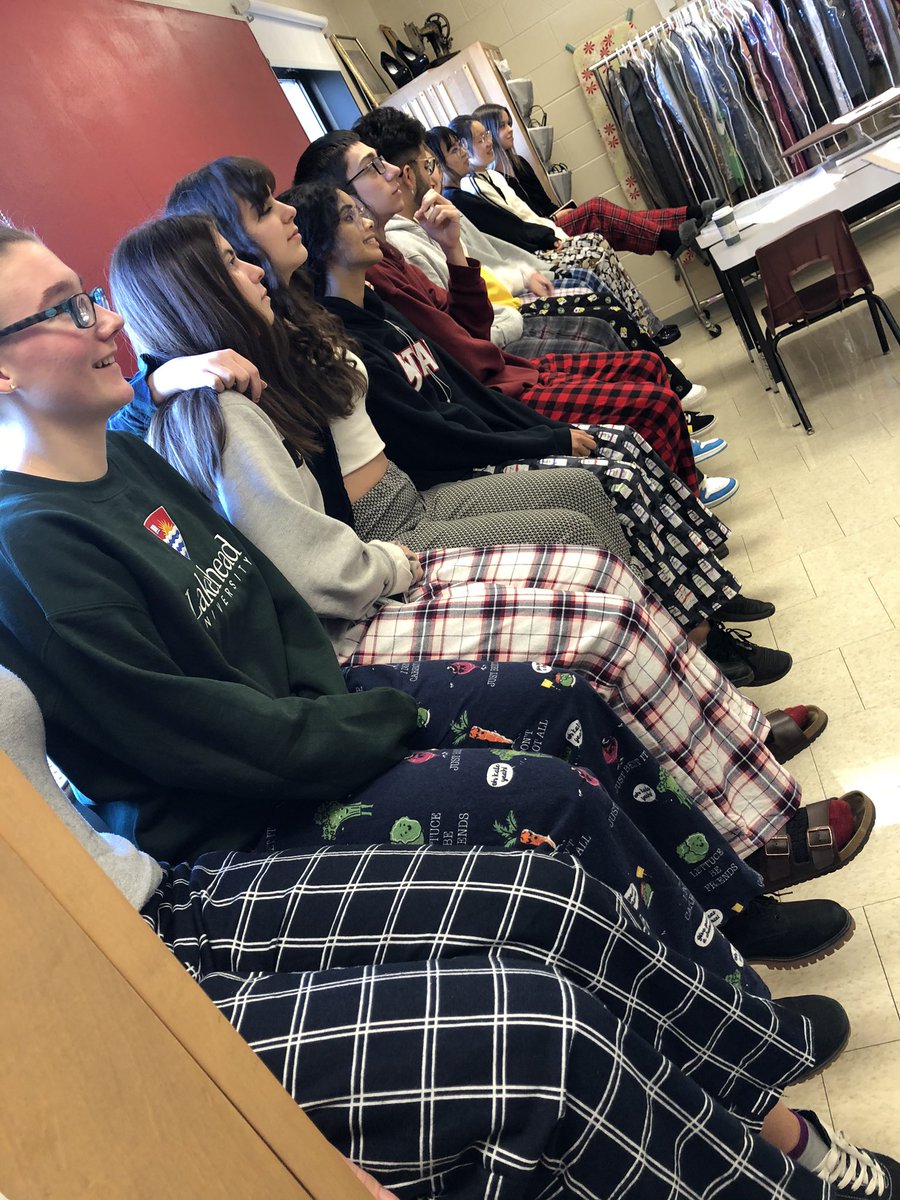 PWarecki's tweet photo. HNB Senior Fashion students sitting victoriously in their one of kind PJ bottoms. Congratulations 🥳 https://t.co/4HNyLwFKqS