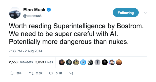 40) Elon Musk also ominously tweeted that AI could potentially be “more dangerous than nukes.” https://twitter.com/elonmusk/status/495759307346952192