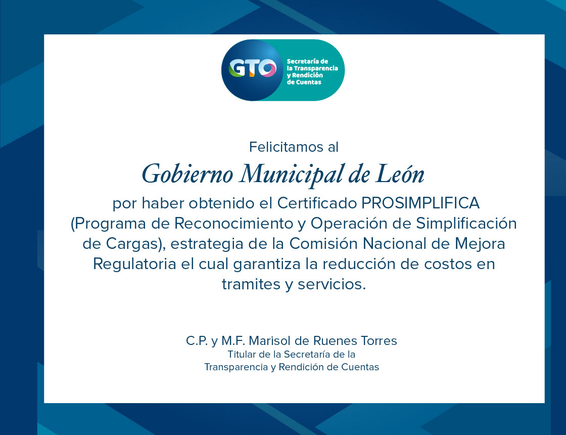 honestidadgente's tweet photo. Felicitamos a @municipio_leon por haber obtenido el Certificado #PROSIMPLIFICA (Programa de Reconocimiento y Operación de Simplificación de Cargas) que otorga @CONAMER_MX.
#GTO #GrandezaDeMéxico https://t.co/ZoX7d0GXyr
