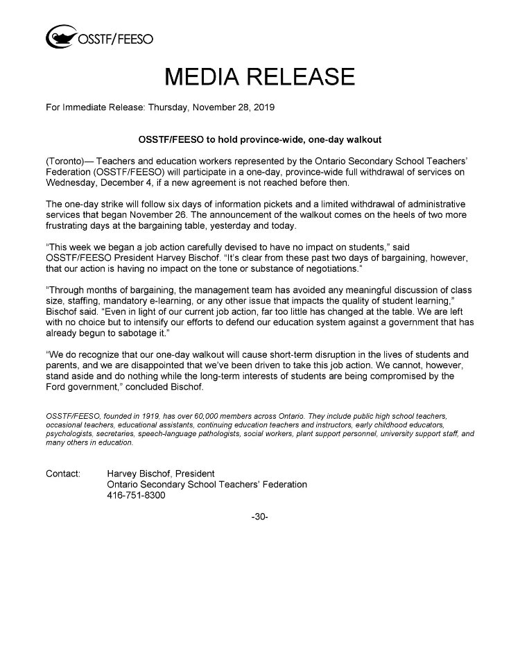 If the ministry of education does not come to an agreement with OSSTF, the union representing our secondary teachers, EAs, and other staff within our schools, they will hold a one-day province wide strike next Wednesday dec 4th.