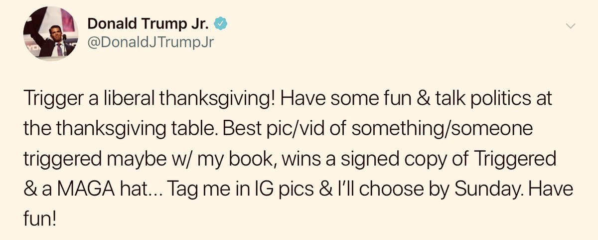 BruceBourgoine's tweet photo. Sadly we do know how it turns out for children born into unloving households, silver spoon fed, without a normal work life, and with a cruel narcissist parent on family holidays like #Thanksgiving. 

#resist #VoteBlue #ImpeachTrump #TriggerDonaldTrumpJr https://t.co/3AUljI8FQR