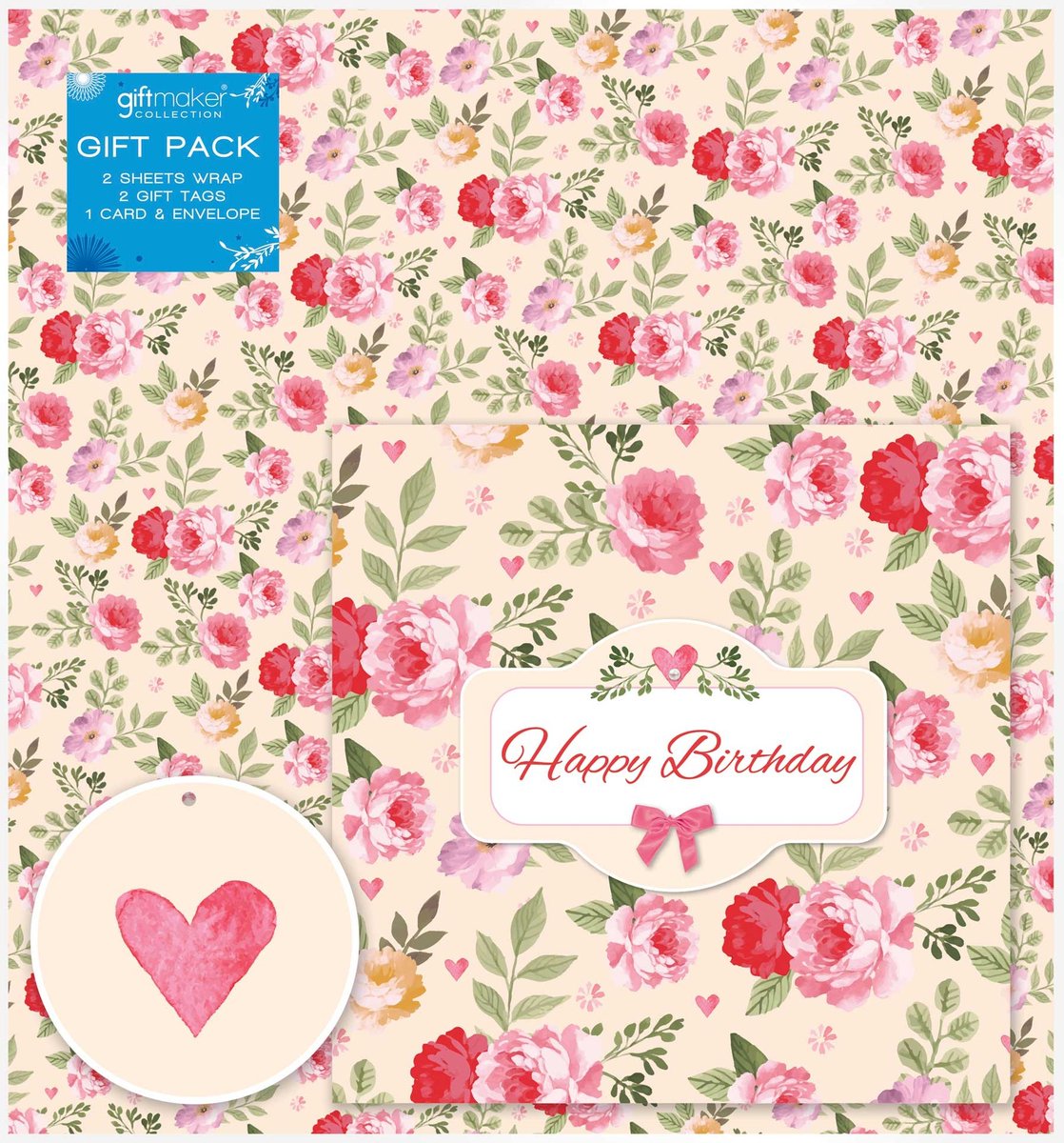 2 Sheets Gift Wrapping Paper With 2 Tags 50cm x 70cm Pink Flowers Birthday D12 
