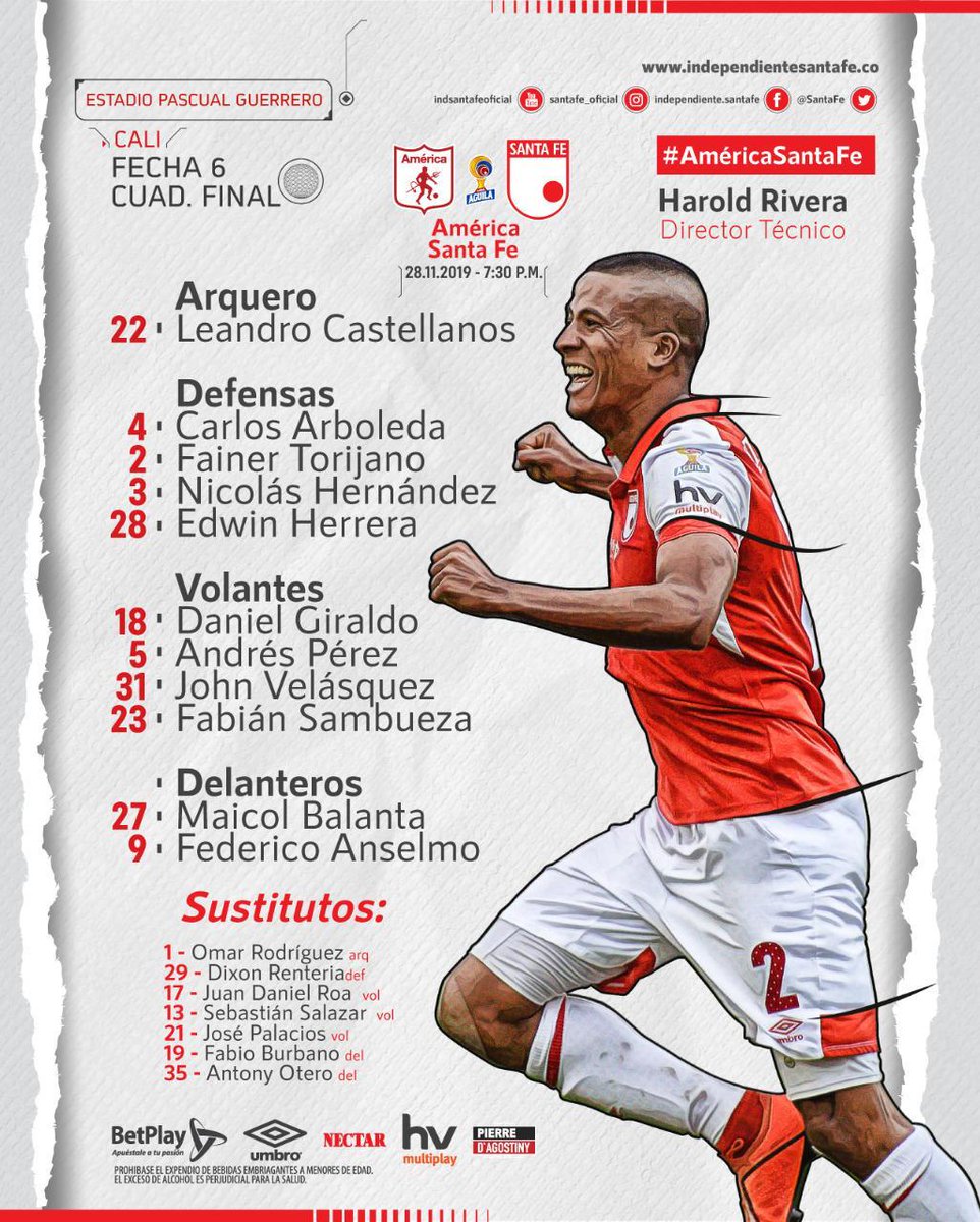 SantaFe's tweet photo. 📝👥 | XI cardenal para #AméricaSantaFe 🔴⚪  #VamosSantaFe 🦁 https://t.co/CHtkMs7h7t