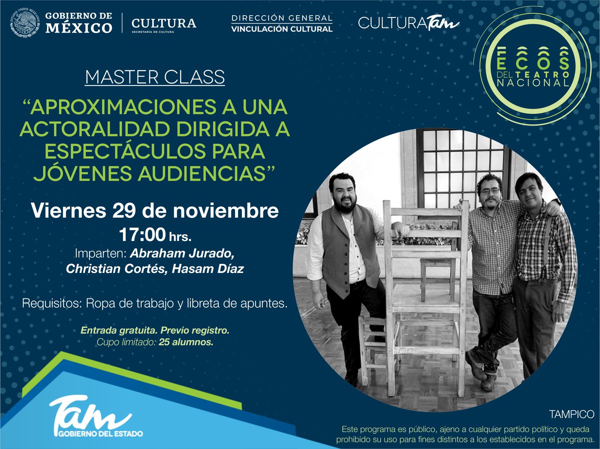 METRO_Tam's tweet image. MASTER CLASS
Dirigida a: Estudiantes, profesionales de la actuación, personas interesadas en espectáculos para jóvenes audiencias.
Entrada gratuita con previo registro al 1260888.
Requisitos: Ropa de trabajo y libreta de apuntes.

#Ecos2019 #METROTam #CulturaTam