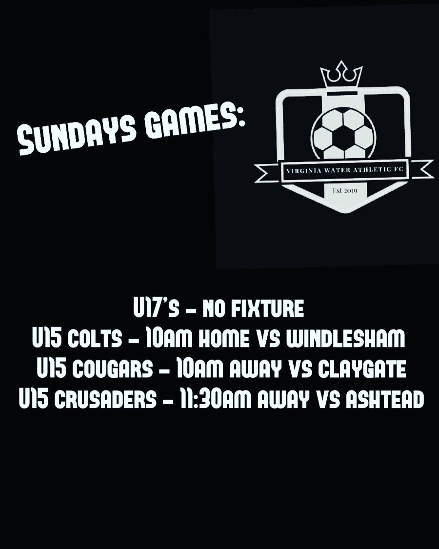 📆Sunday’s Games.

Under 17’s - no fixture.

U15 Colts - home vs @wufcutd 10am KO.

U15 Cougars - away vs @ClaygateRoyals  in the cup! 10am KO.

U15 Crusaders - away vs Ashtead 11:30 KO. 

#WeOnlyDoPositive