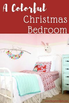 A colorful little girls bedroom that you will just adore. Fun and whimsical touches that anyone can do...just in time for Christmas! #Christmasbedroom #KidsChristmasroom