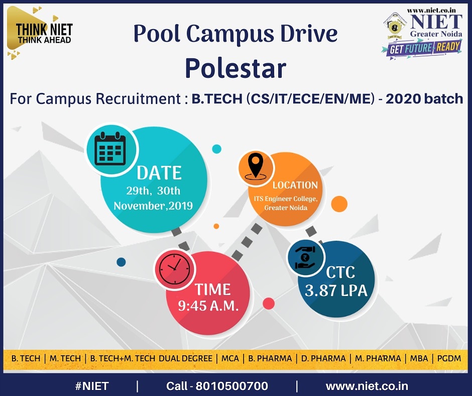 niet_grnoida's tweet photo. #PoolCampusDrive by POLESTAR for https://t.co/vwwRAso9xn (CS/ IT/ ECE/ EN/ ME) - BATCH 2020 on 29, 30 Nov. 2019 at a package of 3.87 LPA.
#NIET #JobPlacements #ThinkNIETThinkAhead #Placement #Career #GreaterNoida #btech #MBA #MCA #PGDM https://t.co/rYIK8CpYkF