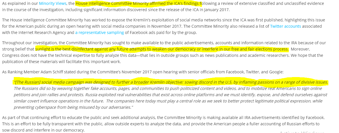 Russia - What the Experts SayMarch 26, 2018House Permanent Select Committee on Intelligence Exposing Russia’s Effort to Sow Discord Online: The Internet Research Agency and Advertisements and Minority Views  https://shar.es/a3sngi  https://docs.house.gov/meetings/IG/IG00/20180322/108023/HRPT-115-2.pdf