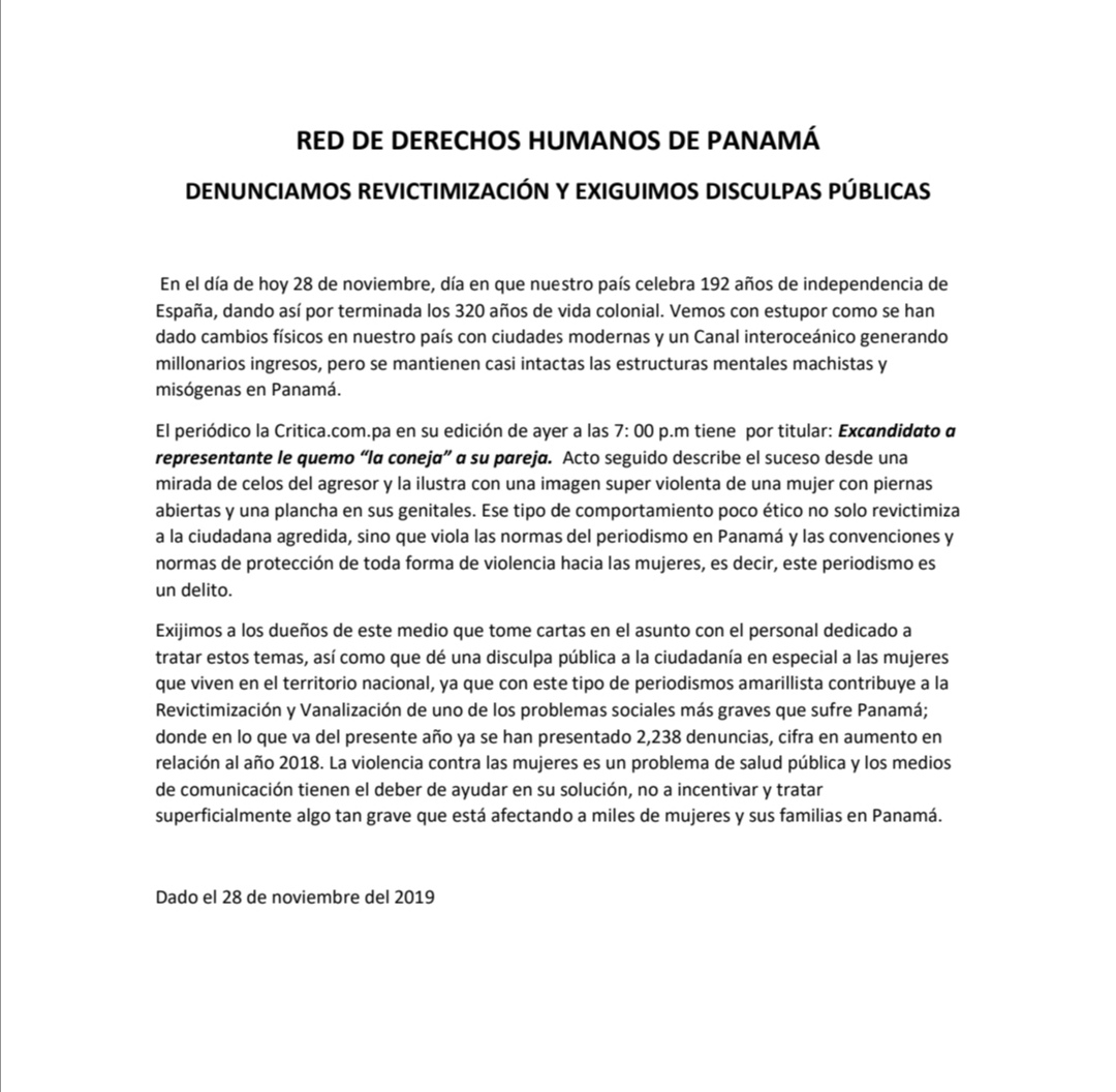 Señores <a href="/criticaenlinea/">Diario Critica.Pa</a> Pidan una disculpa pública a todas esas mujeres que hoy son víctimas de la violencia machista. Ustedes se burlan del dolor ajeno. La violencia contra las mujeres es un problema de salud pública.
