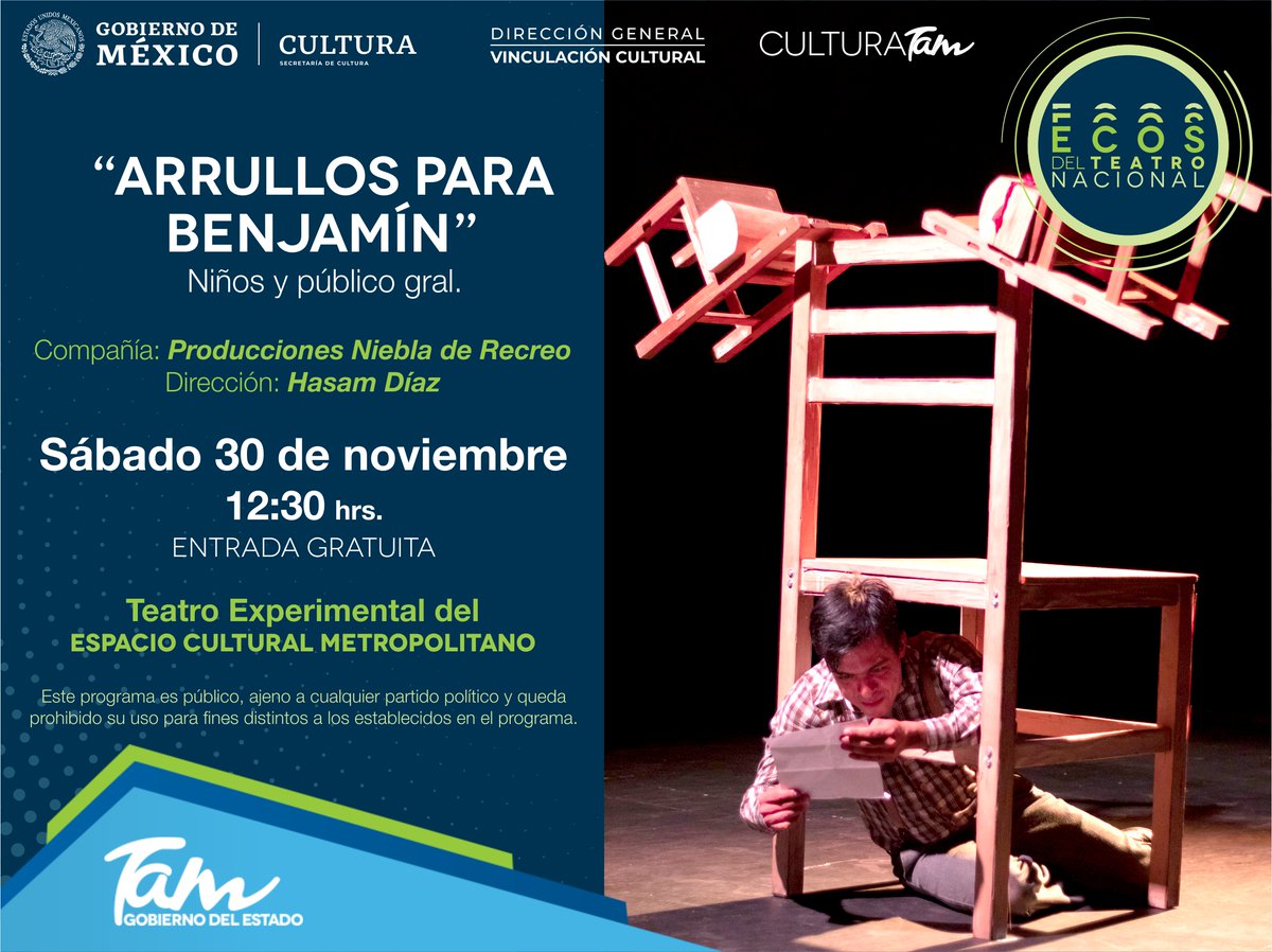 METRO_Tam's tweet image. ¡Última obra de #Ecos2019! 🎭
Es la historia de dos hermanos, la de Hugo y Benjamín. La odisea del hijo más pequeño para encontrar el resquicio con el que ha vivido a su corta vida: encontrar a su padre.
ENTRADA GRATUITA.

¡Imperdible!

#TeatroExperimental #METROTam #CulturaTam