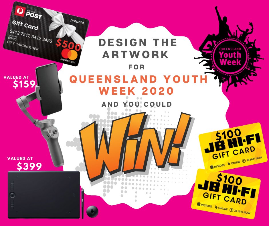 The winner of the #QYW20 Artwork Comp will have their artwork featured in a statewide campaign + collect some AMAZING prizes, the envy of any budding artist or graphic designer. Know anyone who might be interested? Send them to: qld.gov.au/ehub. #qyw20 #YeahtheYouth!