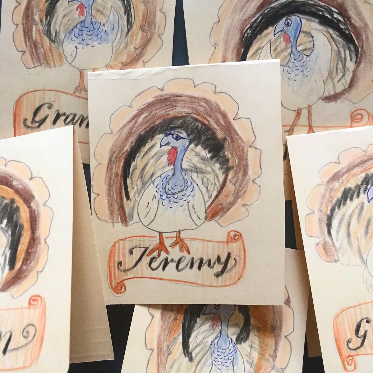 botts_jeremy's tweet photo. There is a lot of pie and we are all very thankful. I usually get asked to cut the vents in the fruit pies. The name cards were a collaboration by the kids. #givingthanks #thanksgiving #turkeys #pie #cherrypie #fooddesign #pievents #milkcrust https://t.co/5rerUUK06F