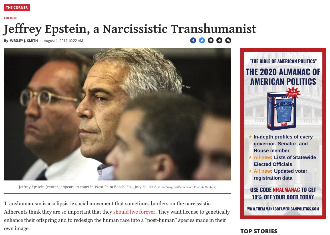 74) Jeffrey Epstein also had connections to a number of prominent scientists, including some affiliated with Harvard and MIT.This sheds some light on the role that top universities and some of their faculty are playing in the transhumanist NWO agenda. https://www.nationalreview.com/corner/jeffrey-epstein-a-narcissistic-transhumanist/