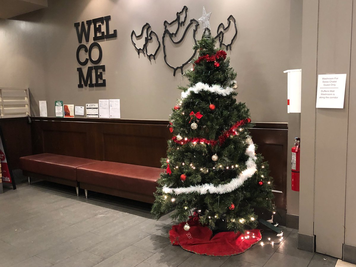 Dufferin Mall Swiss Chalet tree. The Festive Special of trees. Negotiates a fraught landscape of public washroom politics. A casual tree, more quarter chicken than half, the exposed power bar suggests a deconstructionist ethos. Honest tree in a difficult, if fowl, position. 11/10