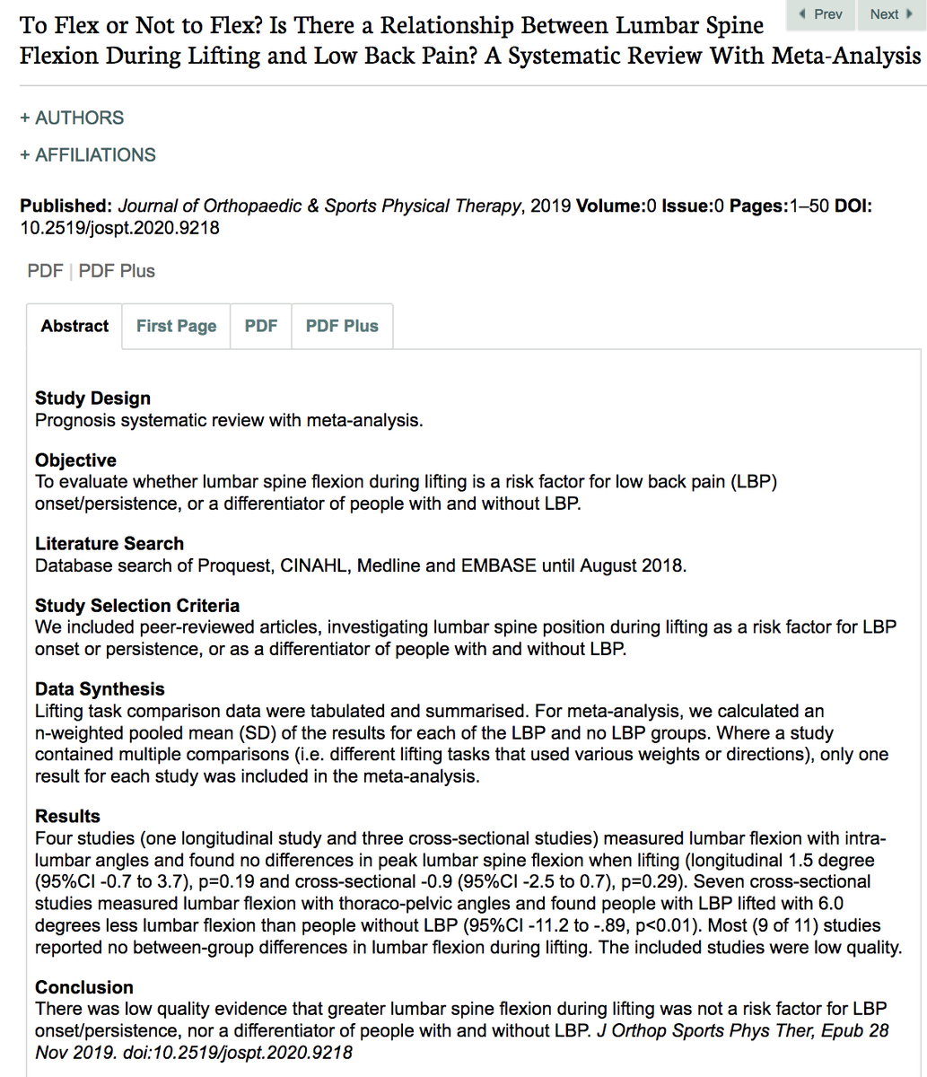 PeteOSullivanPT's tweet image. MYTH BUSTING? To flex or not to flex? Is there a relationship between lumbar spine flexion during lifting
and low back pain? A systematic review with meta-analysis. jospt.org/doi/abs/10.251… @JOSPT @NSaraceniPhysio Peter Kent @physio_leo
 @Leonstraker Amity Campbell @KWernliPhysio