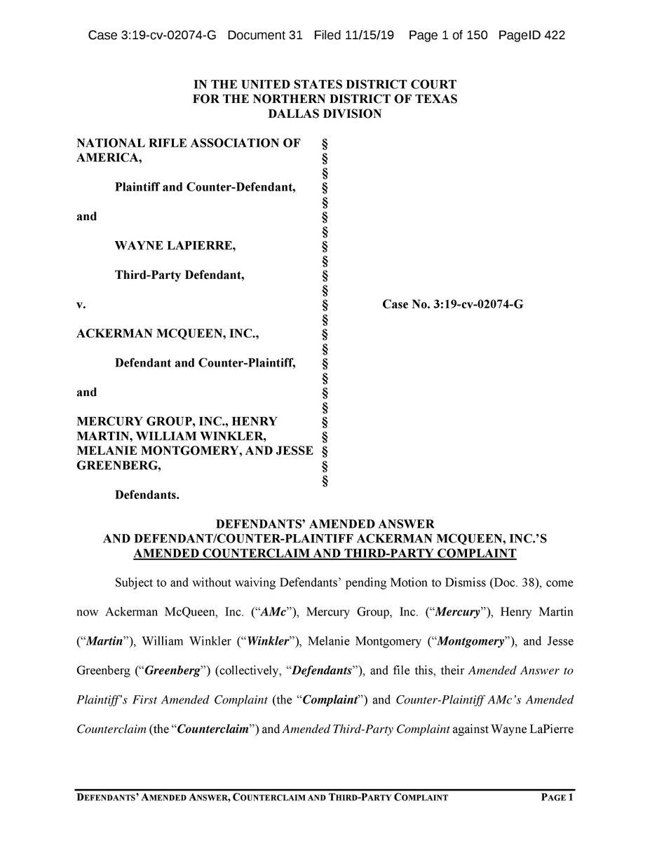 Defendants’ amended answer and defendant/counter-plaintiff Ackerman Mcqueen, Inc.’s amended counterclaim and third-party complaint https://www.courtlistener.com/recap/gov.uscourts.txnd.321485/gov.uscourts.txnd.321485.31.0.pdf