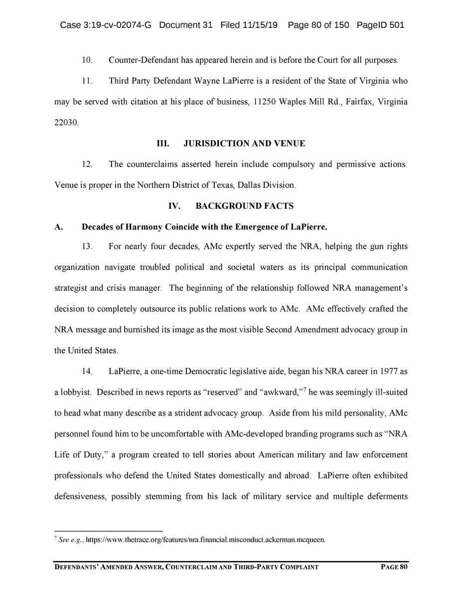 Amended counterclaim starts on page 77:"Sometime in early 2018, LaPierre became preoccupied with going to jail, a fact that alarmed AMc given the frequency with which he reiterated this concern."