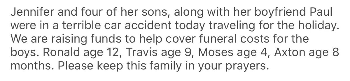 Today a family of 6 drove into a pond, and all four of the children didn’t make it. Please donate if you can. Anything is appreciated 
facebook.com/donate/4792014…