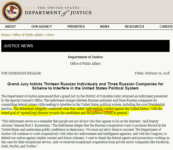 Russia - What the Experts SayFebruary 16, 2018Mueller Indictment - District of ColumbiaGrand Jury Indicts Thirteen Russian Individuals and Three Russian Companies for Scheme to Interfere in the United States Political System  https://www.justice.gov/opa/pr/grand-jury-indicts-thirteen-russian-individuals-and-three-russian-companies-scheme-interfere