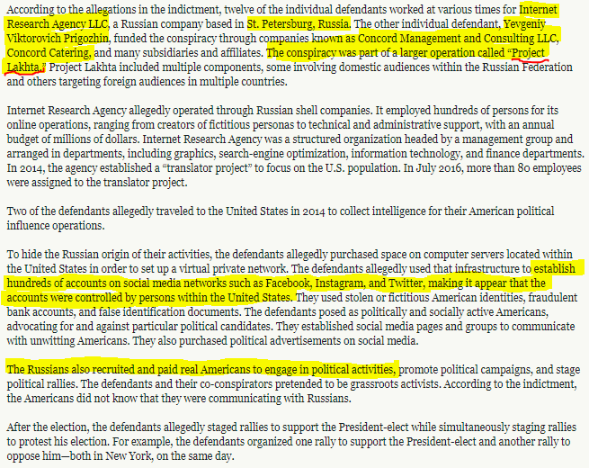 Russia - What the Experts SayFebruary 16, 2018Mueller Indictment - District of ColumbiaGrand Jury Indicts Thirteen Russian Individuals and Three Russian Companies for Scheme to Interfere in the United States Political System  https://www.justice.gov/opa/pr/grand-jury-indicts-thirteen-russian-individuals-and-three-russian-companies-scheme-interfere