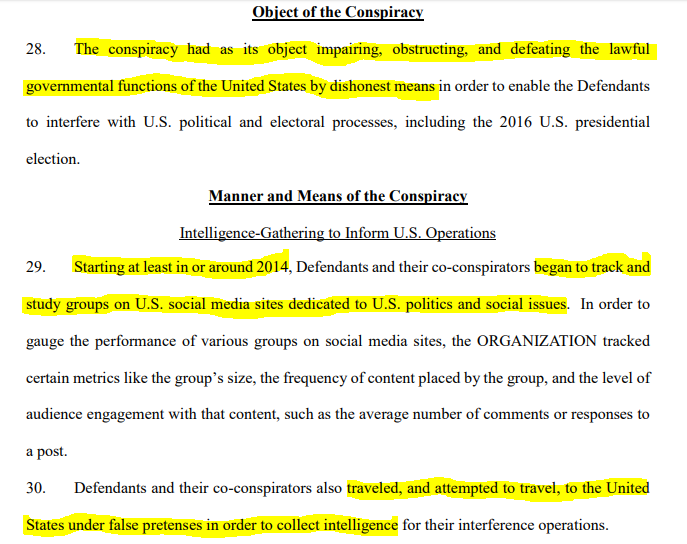 Russia - What the Experts SayFebruary 16, 2018Mueller Indictment - District of ColumbiaGrand Jury Indicts Thirteen Russian Individuals and Three Russian Companies for Scheme to Interfere in the United States Political System  https://www.justice.gov/opa/pr/grand-jury-indicts-thirteen-russian-individuals-and-three-russian-companies-scheme-interfere