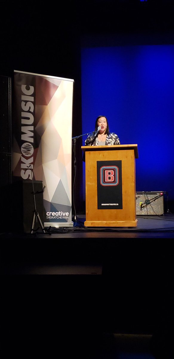 creativesask's tweet photo. Creative Saskatchewan Board member Stephanie Yong offers a few remarks at the Sask Music Awards. #veryprairie https://t.co/Diau4Lu197