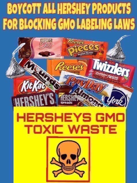 VirginiaInCal's tweet photo. Tell #Hersheys to stop peddling it's toxic GMOs to your kids.
Boycott all #Hershey products like #ReesesPBCups 4 blocking GMO labeling laws #ThursdayMotivation @MichaelBlois60 @liuna92 @PhotoByPixie https://t.co/NKzAQXNnRP