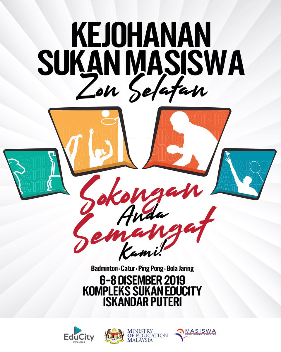 habsukan's tweet image. Jom datang ke Kejohanan Sukan Masiswa Zon Selatan dan bersama-sama menyokong atlet Masiswa yang akan berentap pada 6 hingga 8 Disember 2019 bertempat di Kompleks Sukan EduCity.

Jumpa anda di sana!
#educitysports #ipactive #sukanmasiswa #kejohanansukanmasiswazonselatan
