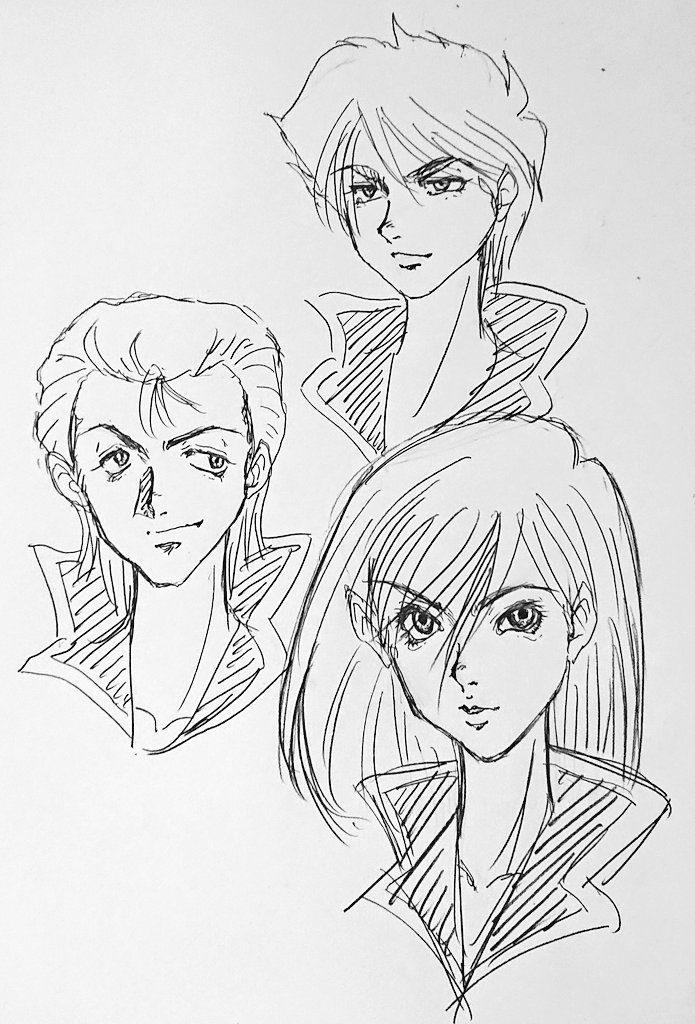 今日のお昼のお絵描き
即興SFチーム
熱血漢と
クールな相棒と
性別不明の美人w 