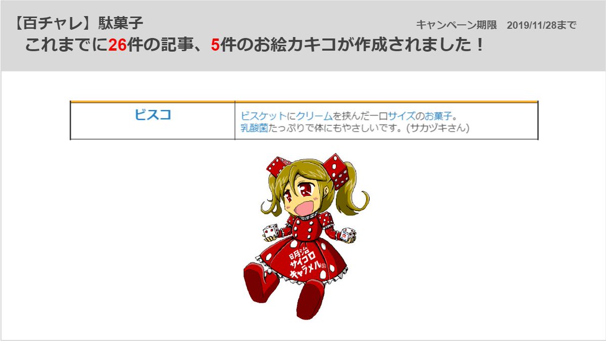 ニコニコ大百科 百チャレ 11 29 駄菓子 に沢山の記事 お絵カキコありがとうございました 駄菓子 T Co Hosmyadmjj 許諾楽曲 T Co Bohm38cxxq 土産物 T Co St3gas4ptw T Co K0ndtclt56