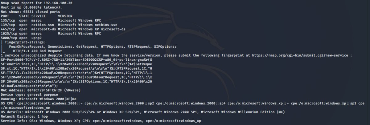 Ok now that didn't take very long! we now have for more detailed output. We can see that 192.168.100.30 (the Windows XP RTM box) is vulnerable to some SMB exploits. We also can see the tcp ports exposed