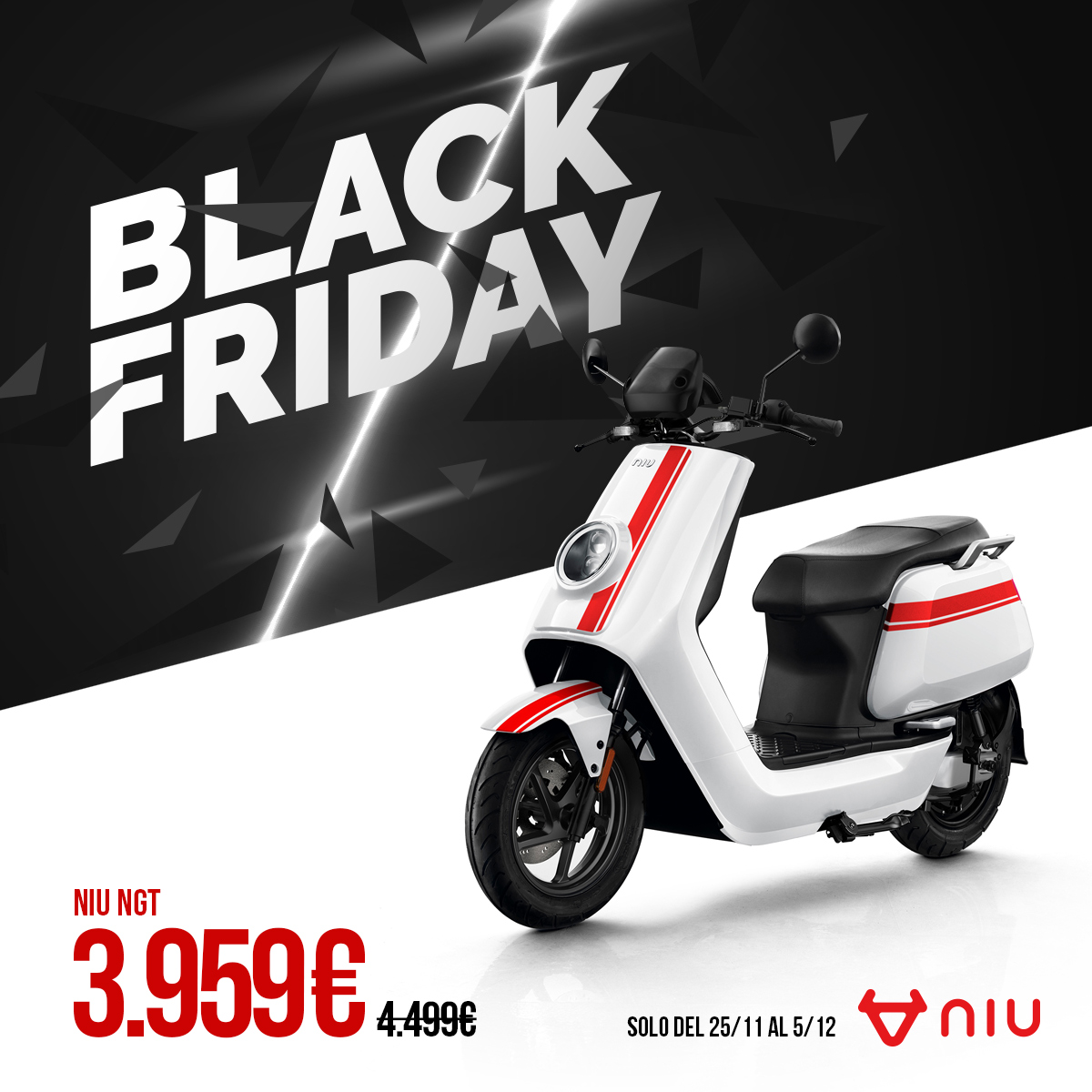 Este año, por primera vez, nos apuntamos al BLACK FRIDAY! Pasa por tu concesionaro y llévate tu NGT por un precio insuperable: 3.959€. ¡Solo hasta el 5 de diciembre!
#blackfriday #aniuwayforward #unlockyourcity #movilidadsostenible #scooterelectrico #bajasemisiones #zbe