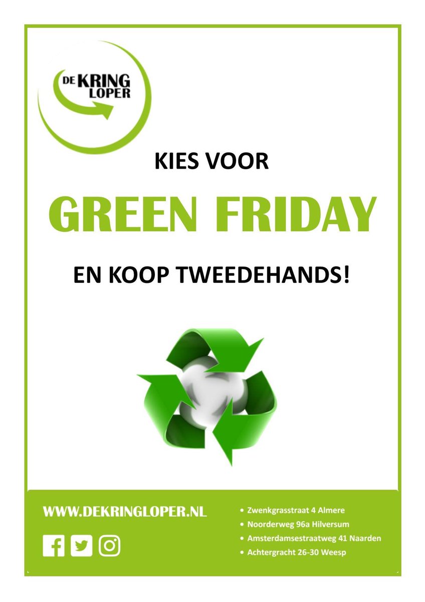Geen #blackfriday , maar #greenfriday bij De Kringloper! Kom je ook tweedehands shoppen vandaag in Almere, Hilversum, Naarden of Weesp?
