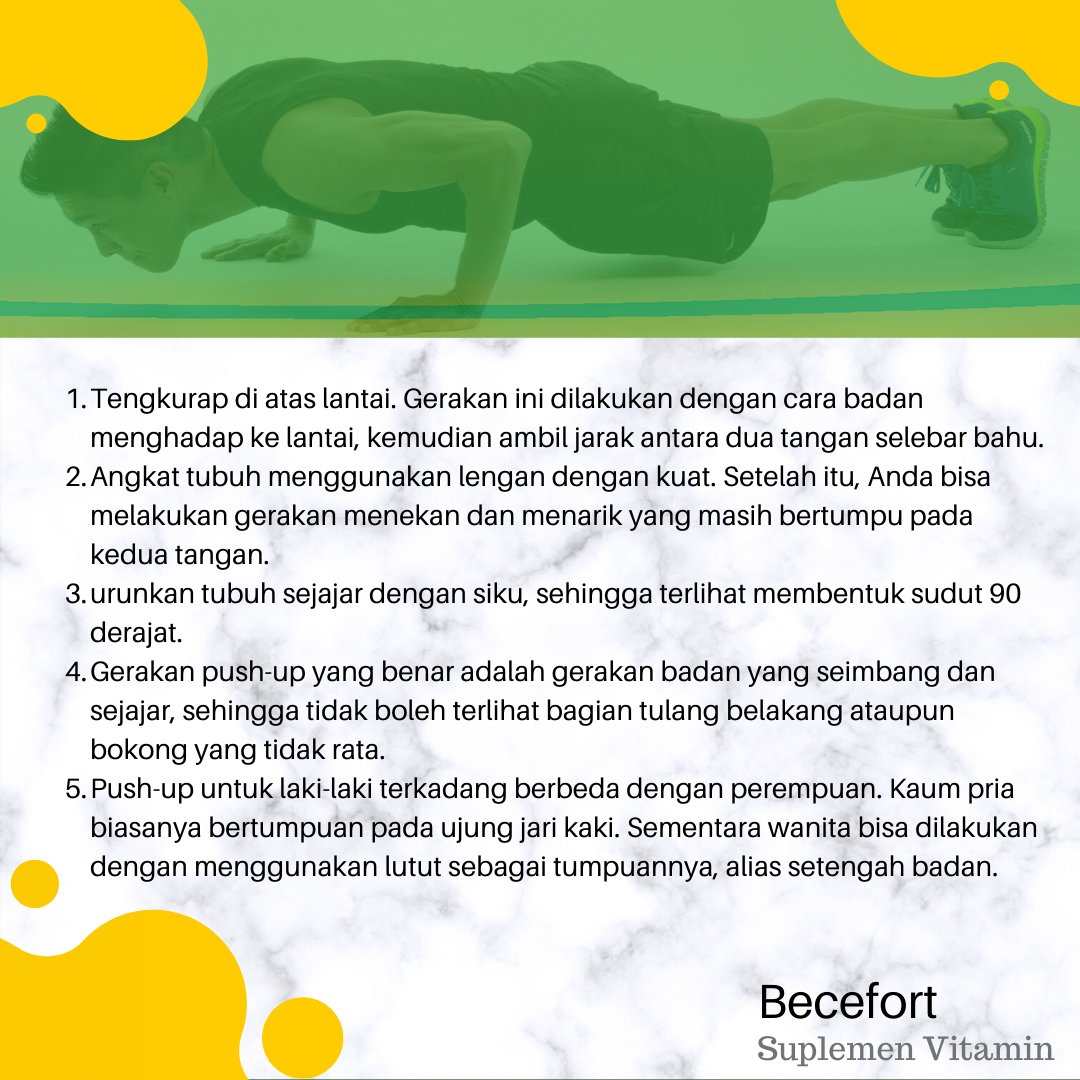 Push-up
Olahraga yg bisa dilakukan kapan &amp; dimana saja. Cukup dilakukan 3 kali dalam waktu 1 minggu dengan durasi rata rata 15 menit. Lakukan ini secara rutin untuk mendapatkan hasil dan manfaat yang lebih baik. Berikkut tips push up agar tak mudah cidera.
.
.
#becefort
#vitaminE