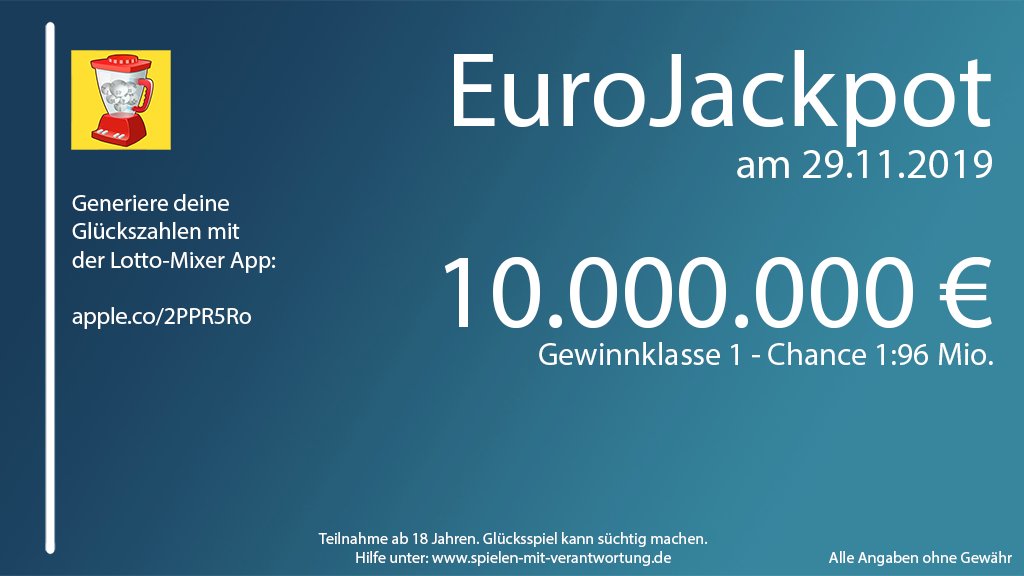 LottoMixer's tweet photo. #Eurojackpot heute mit 10 Mio. € im #Jackpot. Nutze deine #chance und #generiere deine persönlichen #Glückszahlen mit @LottoMixer

#iOS #App ist #kostenlos erhältlich: 

https://t.co/94zoOu64r6 

#gluecklichmacher #Lotterie #vielglueck #gewinner #CyberWoche https://t.co/KyZIVuvCPN