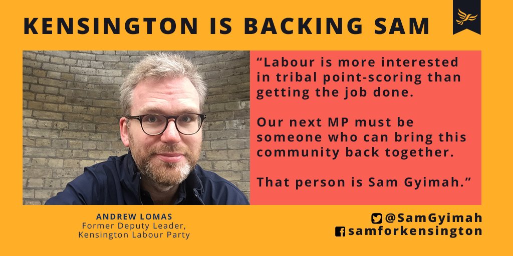 SamGyimah's tweet image. Former Labour Councillor and Deputy Leader Andrew Lomas has come out to back me as the Remain choice in Kensington. We are winning over both Labour and Conservative Remainers in Kensington. Together we can bring Kensington back together #SamForKen