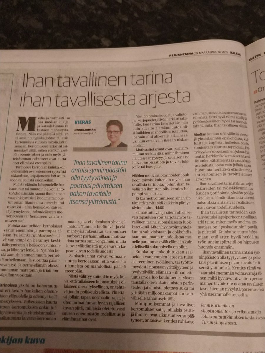 "Ihan tavallinen tarina antaisi synninpäästön olla tyytyväinen ja poistaisi päivittäisen pakon tavoitella itsensä ylittämistä." @Kaleva_fi <a href="/jennikarimaki/">Jenni Karimäki</a>