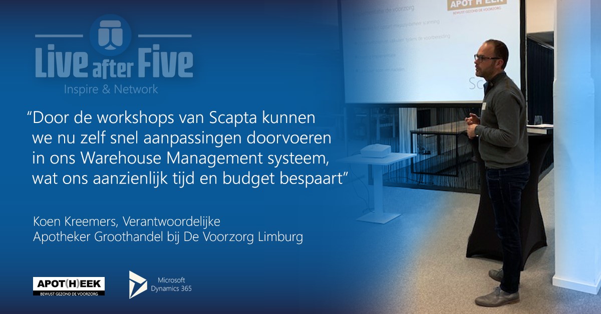 ScaptaDynamics's tweet image. Tijdens onze Live After Five vorige week getuigde Koen Kreemers over de implementatie van Warehouse Management bij APOTHEEK de voorzorg.
Nieuwsgierig?😊

Lees er alles over in de blogpost 👉🏻bit.ly/2qJ2jz7.

#teamscapta #wms #dynamics365