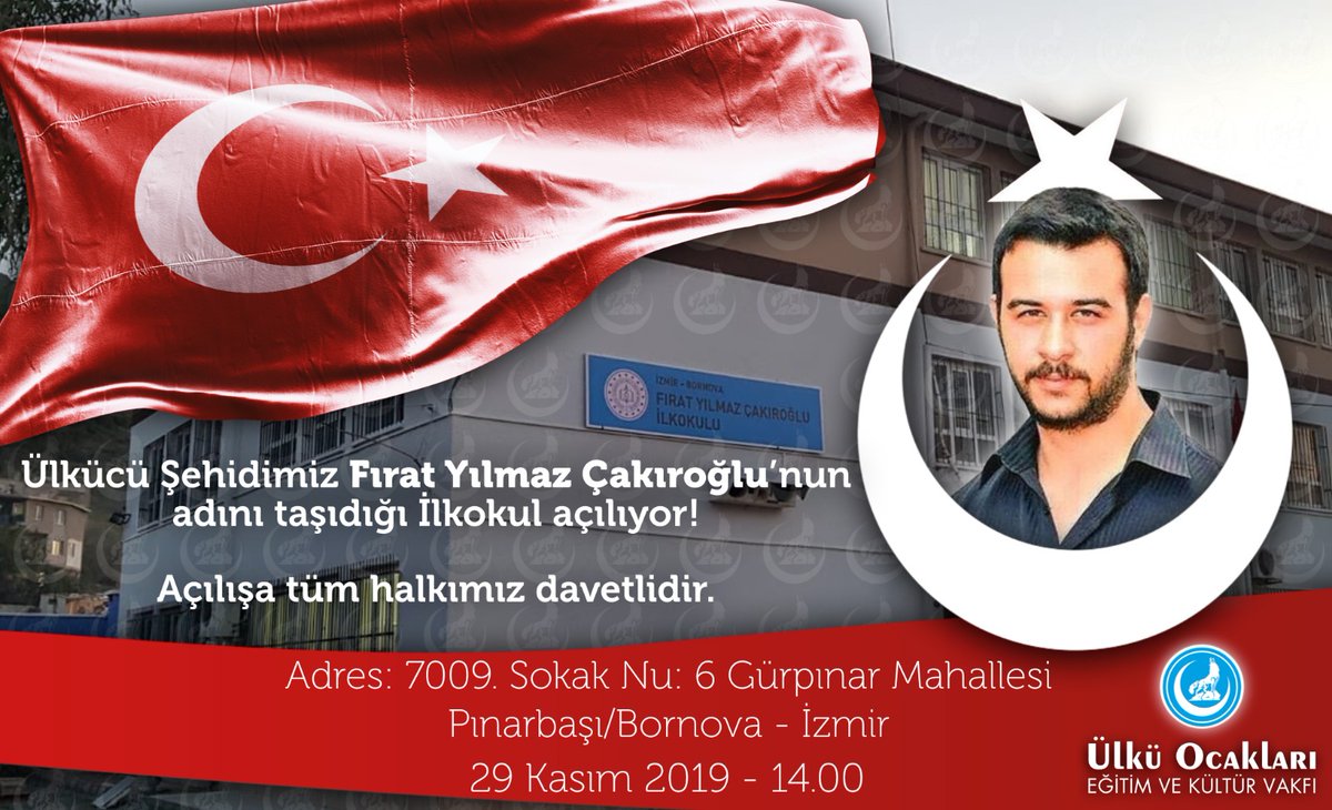 Adın hep yaşayacak, emanetini Türk milleti topyekün sahiplendi. 

🗓️29 Kasım 2019
⏱️14.00
📍Gürpınar Mahallesi 7009. Sokak nu:6 Pınarbaşı/ Bornova - İzmir

FıratYılmaz Çakıroğluİlkokulu