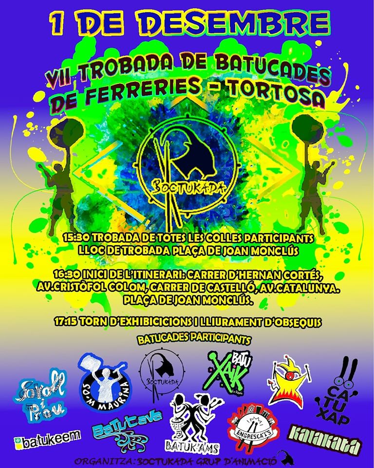 Per finalitzar aquest diumenge ple d'activitat i festa a  Ferreries, a la tarda del barri s'omplirà de ritme en la 🥁🎉VII Trobada de Batucades de Ferreries-Tortosa, organitzada per Boctucada Grup d'Animació.