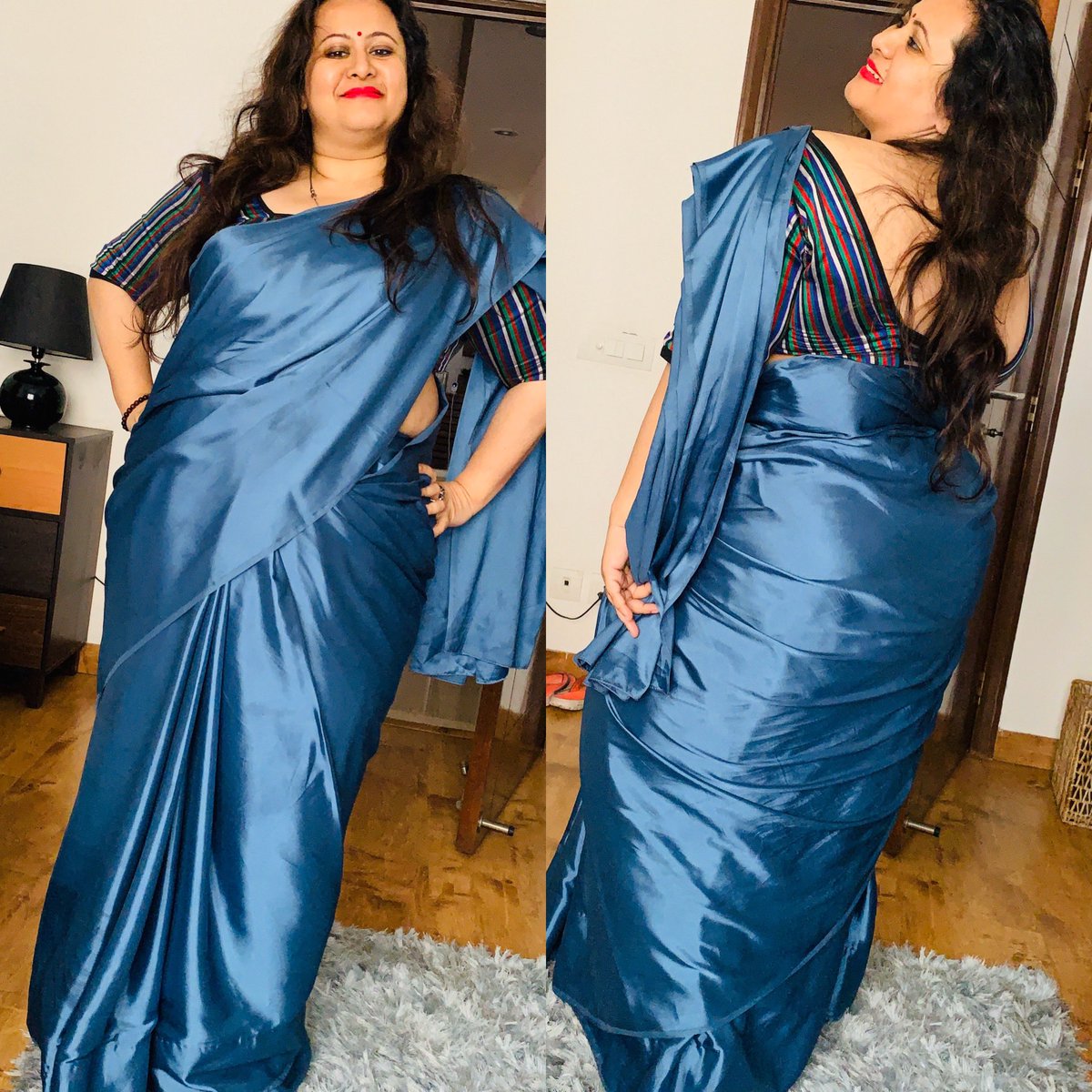 PallaviNath1979's tweet photo. This satin saree is a 40 yr oldgift to my mom - I HAD to steal it. A rare occasion when I am blown away by how good it looks - from every angle!

#effyourbeautystandards #losehatenotweight #fattitude #plussizeindia #plussizemodel #saree #indianfashion #indianclothes https://t.co/yP44iE9TXo