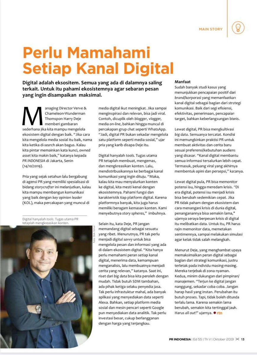 WunThompsonIDN's tweet photo. Harry Deje - Verve’s Managing Director, talks about the importance of understanding digital channel these days in PR Indonesia Magazine, October 2019 edition. Enjoy reading! https://t.co/02BX6n1CkU