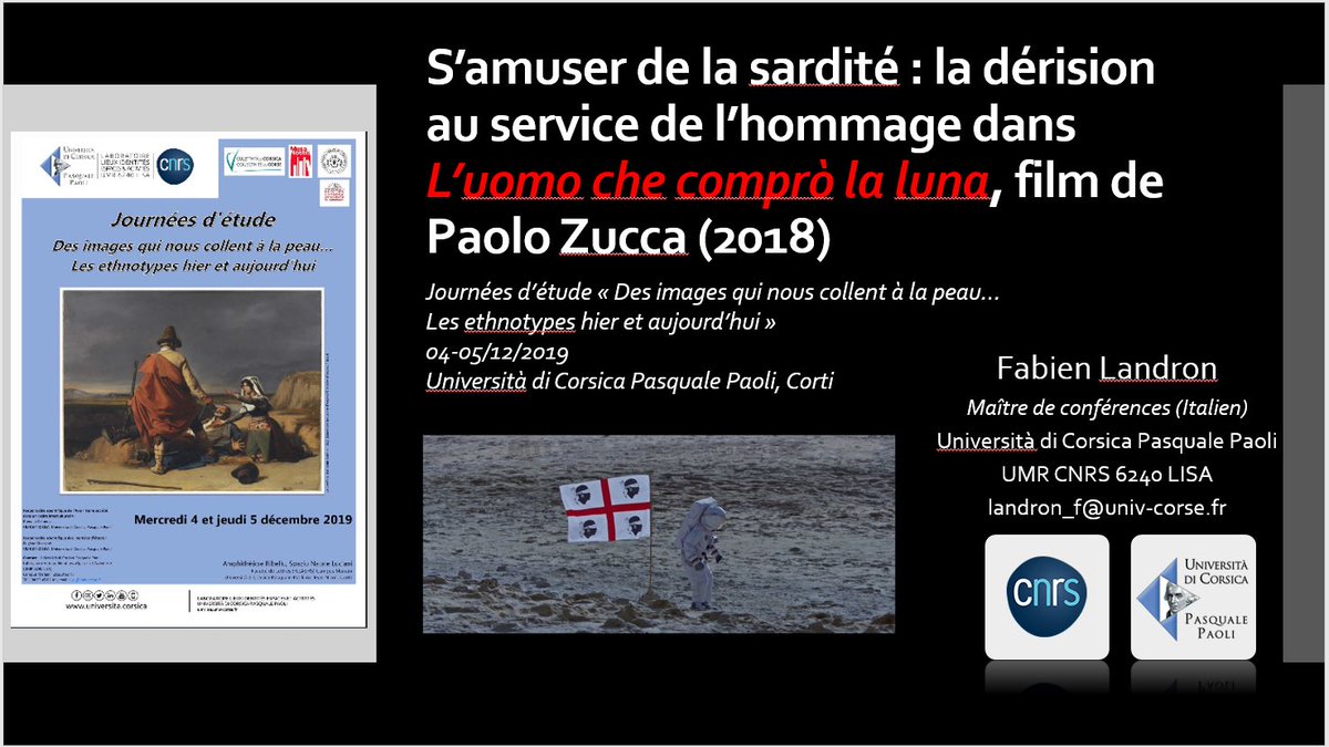 fabienland's tweet photo. Les 4 et 5/12, 2 belles JE organisées par l’ami @GeniuGherardi à l’@UnivCorse @umrlisa sur l’#ethnotype. J’évoquerai la dérision et l’hommage dans #luomochecompròlaluna de #PaoloZucca avec #JacopoCullin et #BenitoUrgu. #cinemaitaliano #nuovocinemasardo https://t.co/h47tT9OSHd