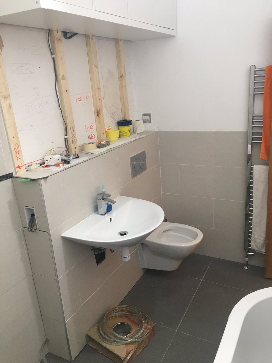 Almost finished with a challenging bathroom. @OriginalStyleUK rectified porcelain, wall tiles, floor tiles and shower tray tiling. Used @MarmoxUK for the walls and studwork areas. Glass and final clean up plus must order the mirrors 💦🤩👍