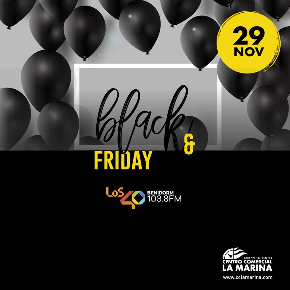 Ha llegado el gran día! Hoy nos espera un gran #BlackFriday en el <a href="/CCLaMarina/">Centro Comercial La Marina</a> Muchos premios, sorteos, sorpresas y la mejor música de la mano de nuestro dj <a href="/aitor_tor/">Aitor Belda</a>  que te pinchará los mejores éxitos de <a href="/Los40Benidorm/">LOS40 Benidorm</a>  a partir de las 11:00h ¡Planazo, diversión asegurada!